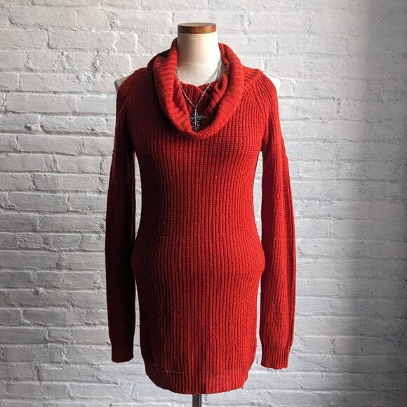 Vintage Red Chunky Knit Sweater Dress Sexy Minimalist Chic Cutout Mini Dress - Picture 3 of 7